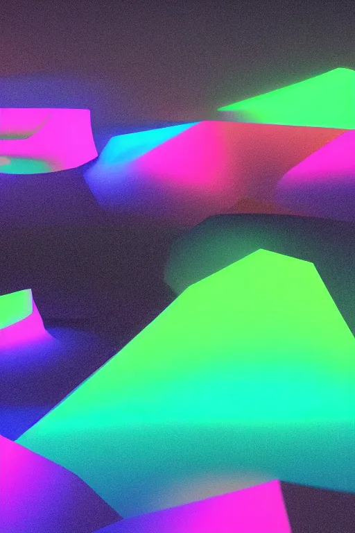 Prompt: very dark image of neon colored abstract 3 d shapes floating in a matte ultra black background, blender maya unreal engine, octane render vray,