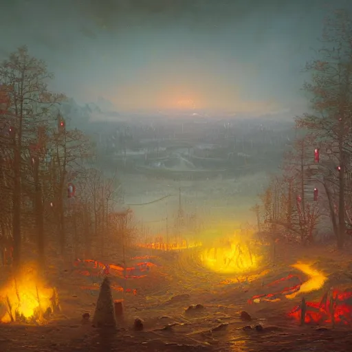 Prompt: Hell realms by Simon Stålenhag Thomas Kinkade, oil on canvas