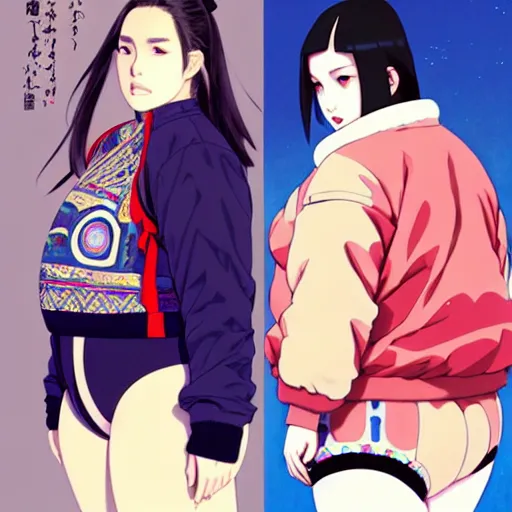 Image similar to a beautiful plus sized model japanese natalie portman, alluring, wearing oversized mayan bomber jacket and leotard with overalls, bulky poofy bomber jacket with mayan patterns, aztec street fashion, gapmoe yandere grimdark, trending on pixiv fanbox, painted by greg rutkowski makoto shinkai takashi takeuchi studio ghibli, akihiko yoshida