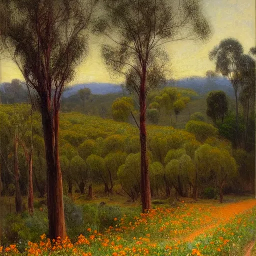 Image similar to a painting of a dirt road surrounded by eucalyptus trees and california golden poppies, woodland hill in the distance. an oil painting by Julian Onderdonk, featured on deviantart, australian tonalism, pre-raphaelite, impressionism, detailed painting