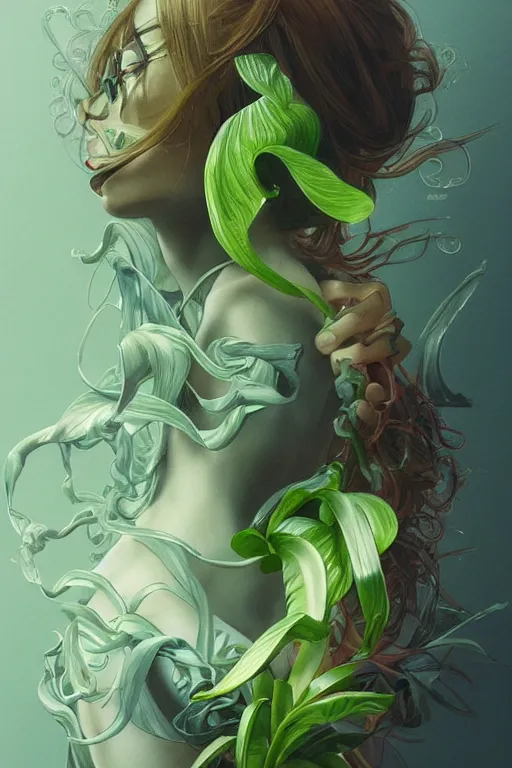 Prompt: ultra realistic illustration, cinema 4 d art, banana plants drawing, jade background, elegant, highly detailed, digital painting, concept art, intricate, anatomical correctly body, swirl, smooth, sharp focus, illustration, art by artgerm and greg rutkowski and alphonse mucha