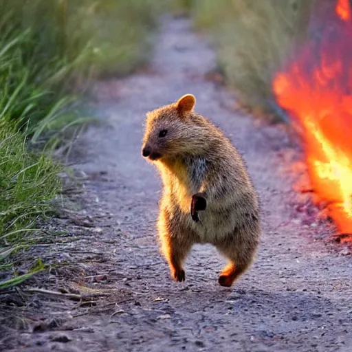 Prompt: A happy quokka running in front of a large explosion