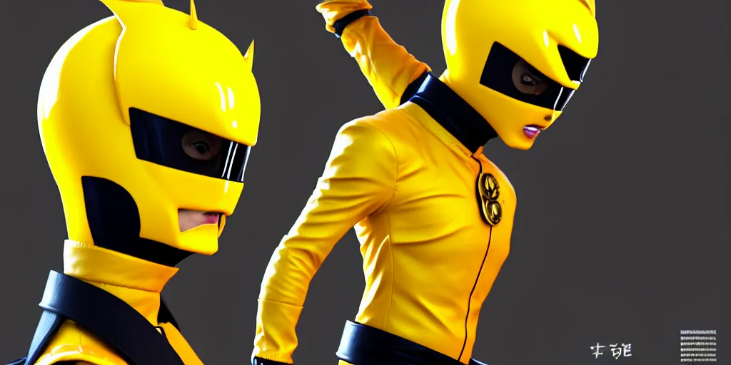 Image similar to symmetry!! yellow ranger dressed like donald trump, samurai, asian, artstation, art by murata, art by oda echiiro, lightning helmet, 3 d, jumpsuit, tracksuit, yellow, gloves, logo