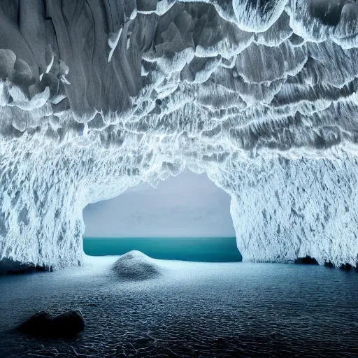 Prompt: sea cave of white crystals, wide shot, naturalistic, highly complex, cinematic, atmospheric.