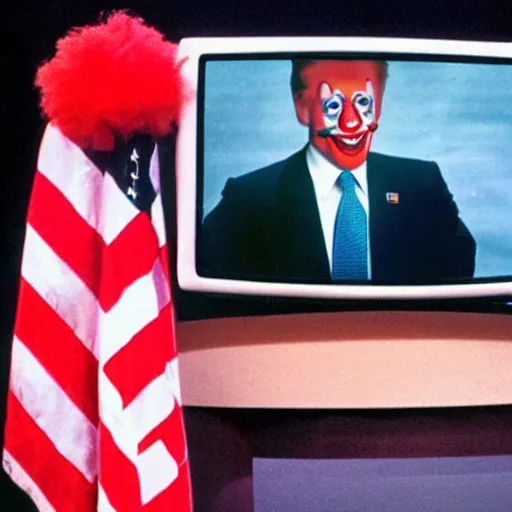 Image similar to photo of an 8 0's television with a president that has a clown face giving a speech