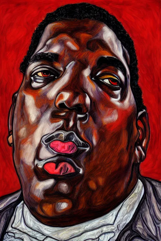 Image similar to a portrait of biggie small in style of egon schiele, masterpiece, hyperdetailed, complex, intricate, 4 k, trending on artstation