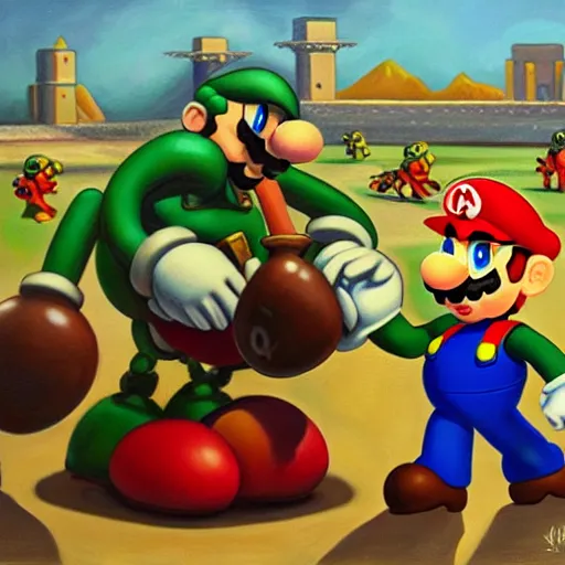 Prompt: A beautiful oil painting of Mario Bros fighting against a robot