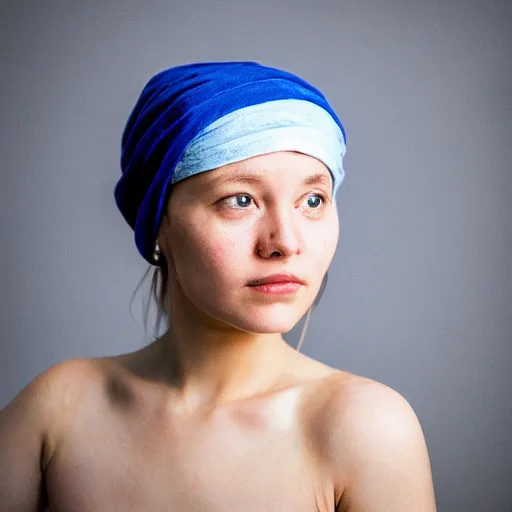 Image similar to girl with the pearl earring, portrait studio, taken with canon eos, f 1. 4, soft diffused light, iso 2 0 0,