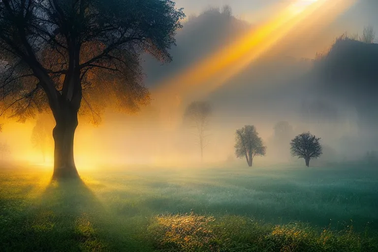 Prompt: landscape photography of bucharest by marc adamus, morning, mist, rays of light, beautiful