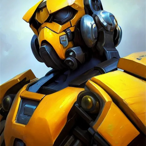 Image similar to greg manchess portrait painting of bumblebee the transformer as overwatch character, medium shot, asymmetrical, profile picture, organic painting, sunny day, matte painting, bold shapes, hard edges, street art, trending on artstation, by huang guangjian, gil elvgren, ruan jia, greg rutkowski, gaston bussiere