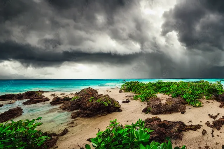 Prompt: beautiful tropical island, stormy sky