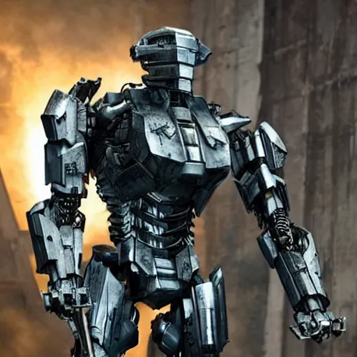 Image similar to cinematic still in westworld and real steel movie and pacific rim movie, one slim full body ornate armored core by fujioka kenki and by mamoru nagano, holding sci - fi rifle,