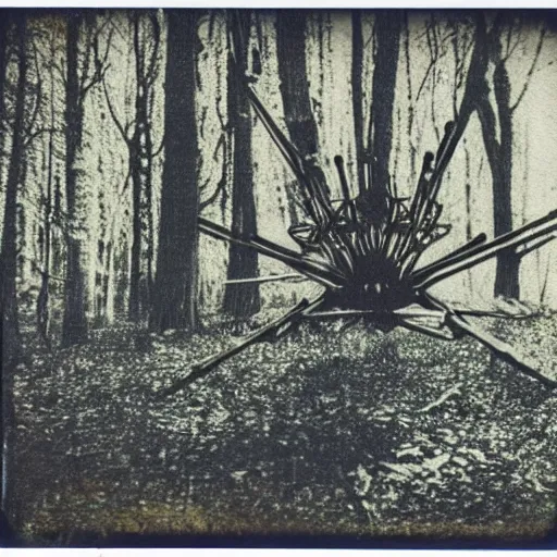 Prompt: old polaroid depicting a small intricate metallic alien probe, standing in a forest clearing