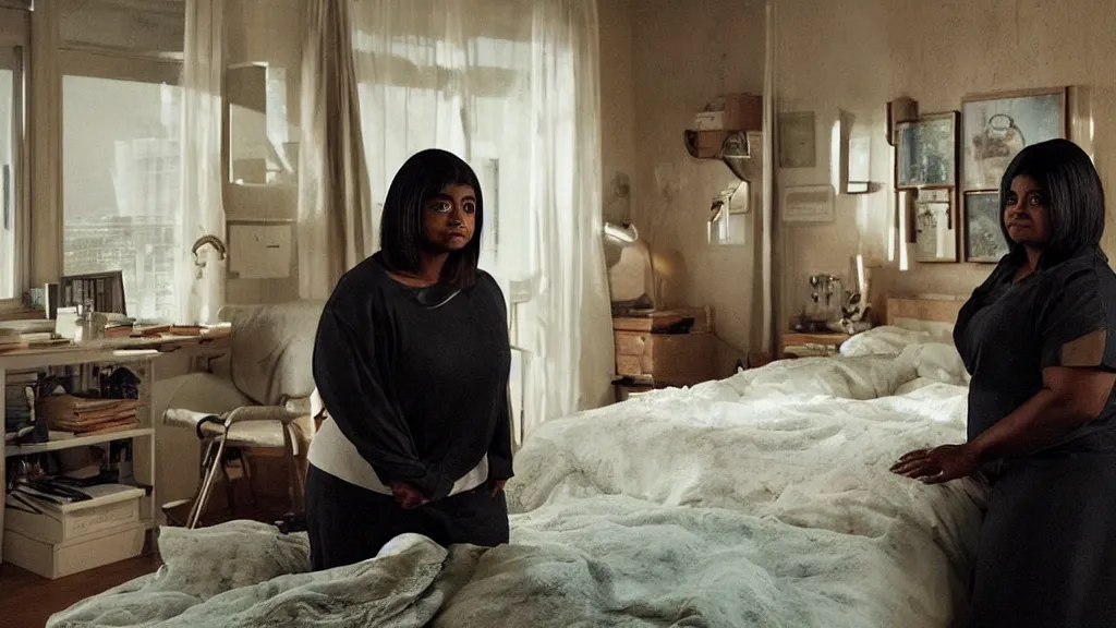 Image similar to stunning screenshot of Octavia Spencer alone in her studio apartment, moody, sad scene from the movie PT Anderson, she is plugged into the virtual world at night, art house, award winning film, portrait, 3D rendered lighting, stunning cinematography by Hoyte van Hoytema