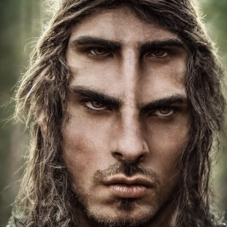 Image similar to closeup portrait photo of a male warrior, in a forest, fantasy, elegant, highly detailed, centered, digital painting, smooth, sharp focus, 8 k. lifelike. soft light. nikon d 8 5 0. cinematic post - processing