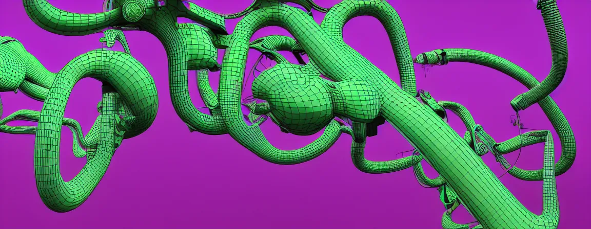 Image similar to a machine for making snake oil, purple and green, highly technical, art by glenn fabry and ed roth, 3 d rendering by beeple, fine detail, 8 k, snake machine