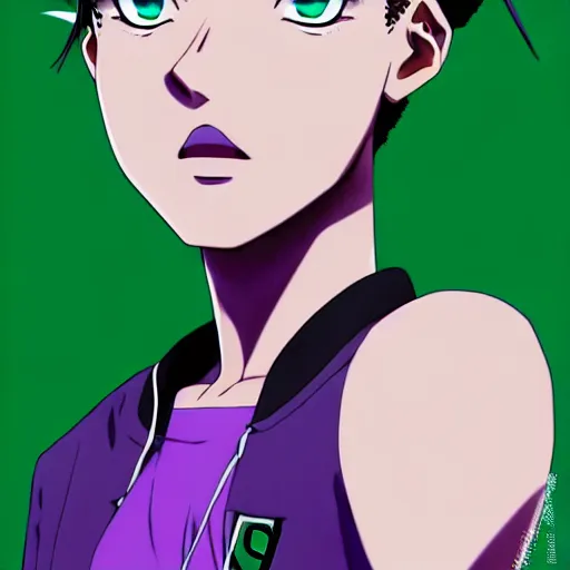 Prompt: anime poster film still portrait, young black woman, black black black woman, purple colored eyes, ( purple colored eyes!!!!!! ), white french bob hairstyle, green colored bomber jacket, detailed facial features, dynamic pose,, rimlight, cel shaded, 4 k