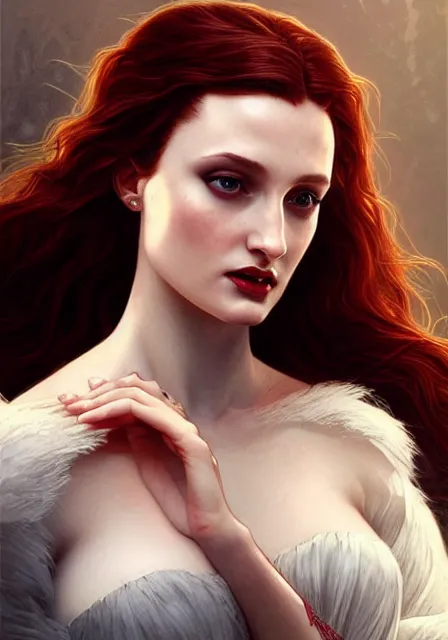 Image similar to sansa angeline jolie gessica chastain vampire, intricate, elegant, highly detailed, digital painting, artstation, concept art, smooth, sharp focus, illustration, art by artgerm and greg rutkowski and alphonse mucha and william - adolphe bouguereau