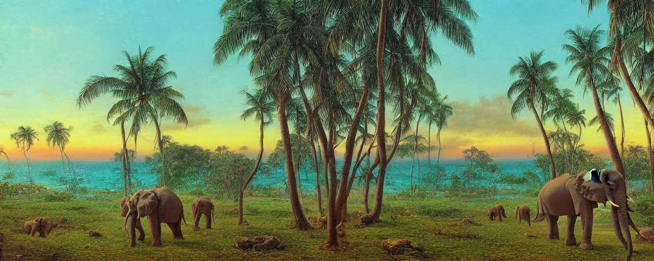 Prompt: psychedelic surreal oil painting of a sri lankan landscape at sunset, coconut trees and elephants in the foreground, ocean sunset in the background, realistic oil painting by gustave dore, - h 6 4 0,