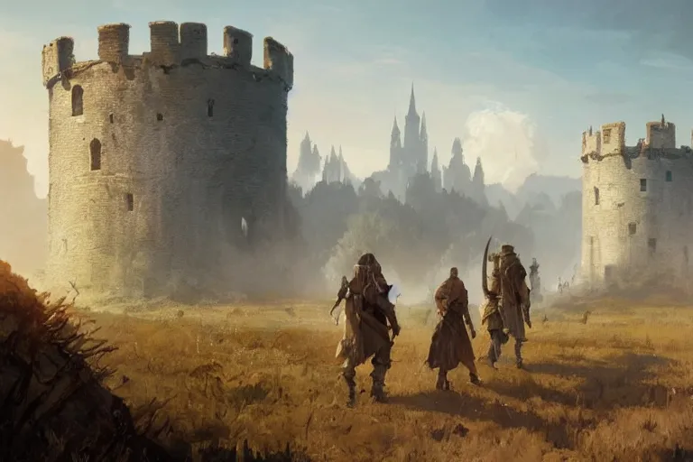 Image similar to D&D adventurers travel down the road in an open landscape, a city with a white tower is miles off in the distance, by greg rutkowski, craig mullins, andrea rocha, raphael lacoste.