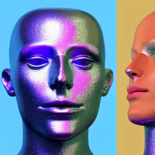 Image similar to 3d render of holographic human robotic head made of glossy iridescent, surrealistic 3d illustration of a human face non-binary, non binary model, 3d model human, cryengine, made of holographic texture, holographic material, holographic rainbow, concept of cyborg and artificial intelligence