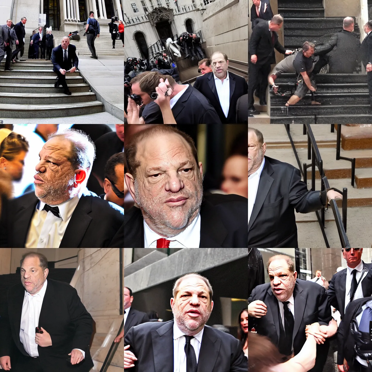 Prompt: gopro footage of harvey weinstein getting mangled by courthouse stairs after falling, blood and bone, red meat shreds