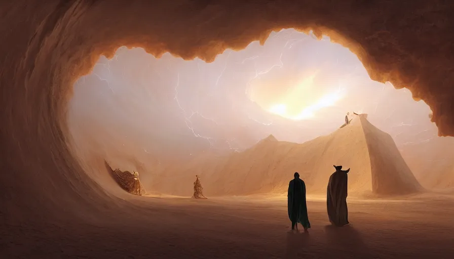 Image similar to a glowing magical portal inside a big wave made of sand fantasy desert, portal, a man watching over, lightning, arabia, by caspar david friedrich by james gilleard and justin gerard, artstation, smooth, sharp focus, by jean baptiste, bernardo bellotto