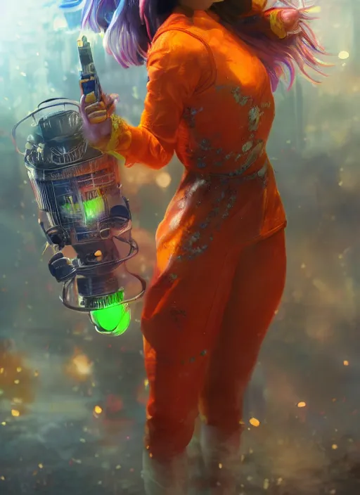 Image similar to teenage rainbow hair asian girl wearing an orange superhero costume, bioshock, au naturel, hyper detailed, digital art, trending in artstation, cinematic lighting, studio quality, smooth render, unreal engine 5 rendered, octane rendered, art style by klimt and nixeu and ian sprigger and wlop and krenz cushart