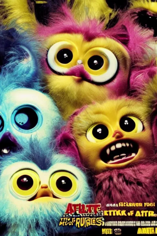 Image similar to horror movie poster for attack of the furbies!!!! furby!!! horrifying, scary movie