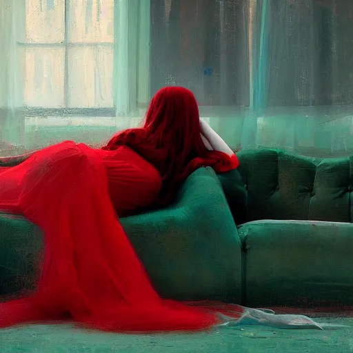 Image similar to young woman, long red hair, transparent white dress, lying on a red sofa, blue green colorscheme, desaturated colors, cinematic, painted in the style of jeremy lipking