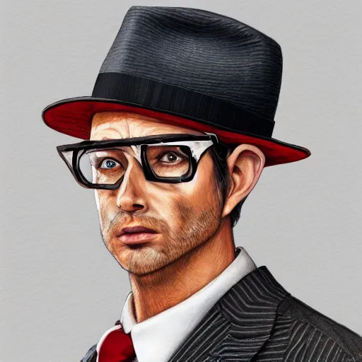 Image similar to a upper body portrait of a deer in a pinstriped suit and pants wearing a fedora with the antlers sticking out of the fedora adjusting his tie by artgerm and wlop, intricate detail, digital art, photorealistic, trending on artstation