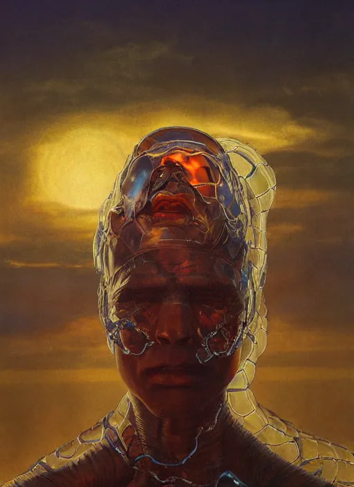 Prompt: biblical mage android snake, deep gaze to the side, closeup, bright glowing veins, in clouds, sunset, portrait, by gerald brom, by mikhail vrubel, by peter elson, muted colors, extreme detail, reflections, trending on artstation, 8 k