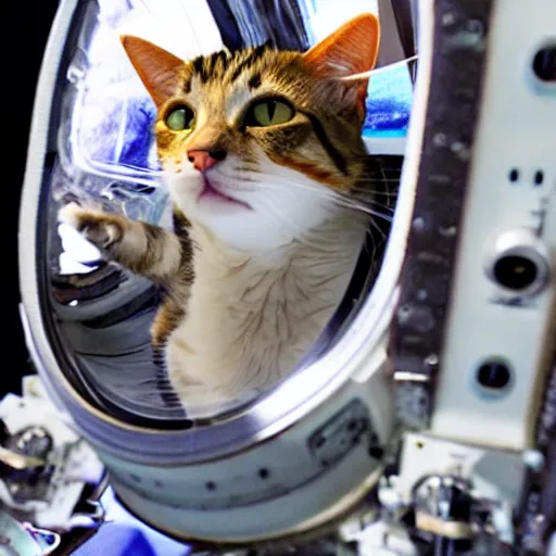 Image similar to Photo of a cat floating inside the ISS, realistic award-winning