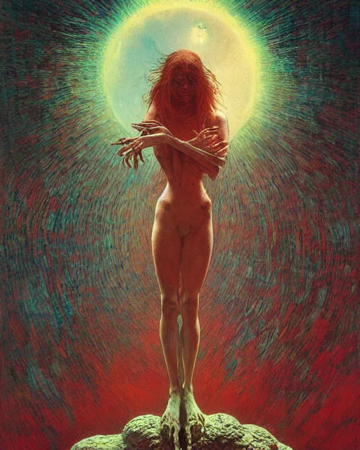 Image similar to the creature at the end of the universe, painted by zdzislaw beksinski and artgerm and greg rutkowski and alphonse mucha