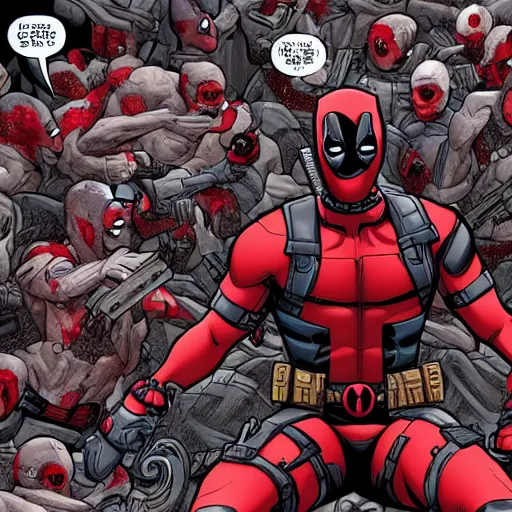 Prompt: Deadpool in a pool of Deadpools, comic art, digital art, detailed, professional