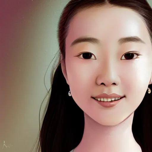 Prompt: portrait of asian girl, round face, brown hair, ponytails, half updo hairstyle, skinny, smile, attractive, small chin, wearing pink hair bow, polkadot blouse and skirt, earrings, intricate, elegant, glowing lights, highly detailed, digital painting, artstation, sharp focus, illustration, art by wlop, mars ravelo and greg rutkowski