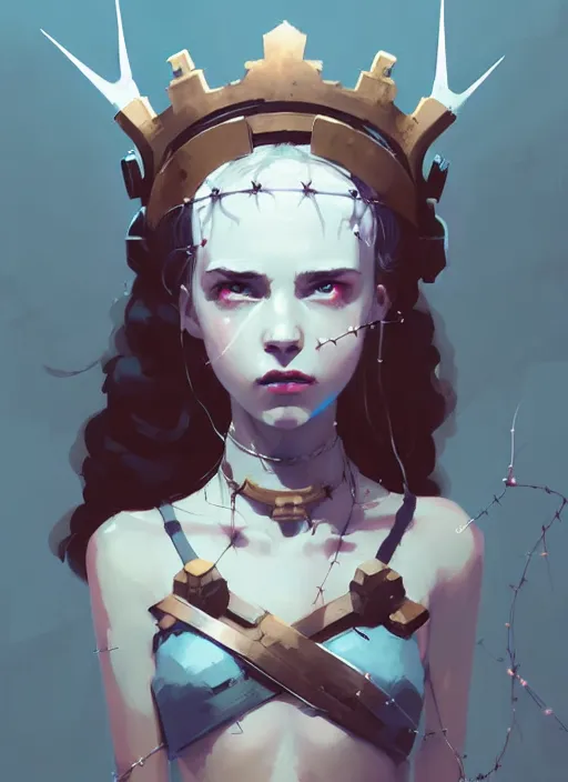 Prompt: portrait of cute maiden girl with crown of thorns, warhammer, cyberpunk, by atey ghailan, by greg rutkowski, by greg tocchini, by james gilleard, by joe fenton, by kaethe butcher, dynamic lighting, gradient light blue, brown, blonde cream and white color in scheme, grunge aesthetic