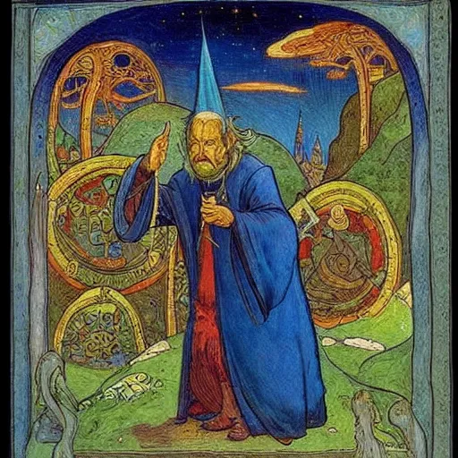 Prompt: old wizard opening a portal to another dimension, Ivan Bilibin