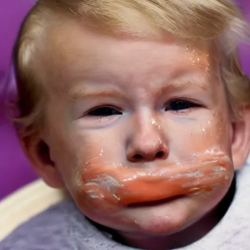 Image similar to donald trump is a baby in a highchair with chocolate pudding on his face