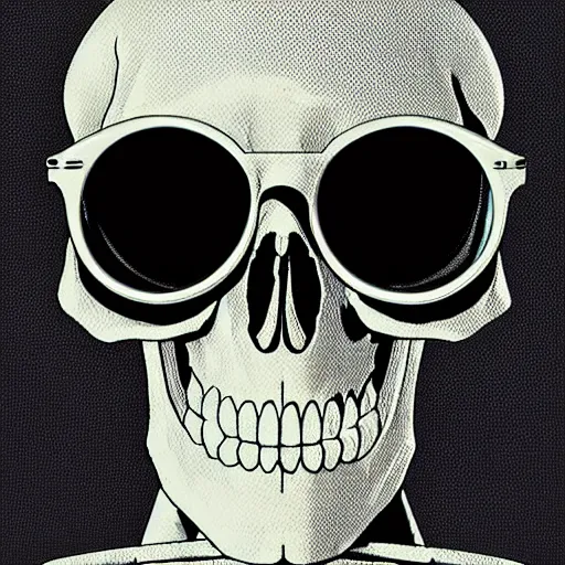 Prompt: skeleton with cool glasses in glithcwave art
