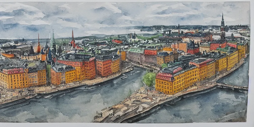 Prompt: isometric view of stockholm, watercolour realism