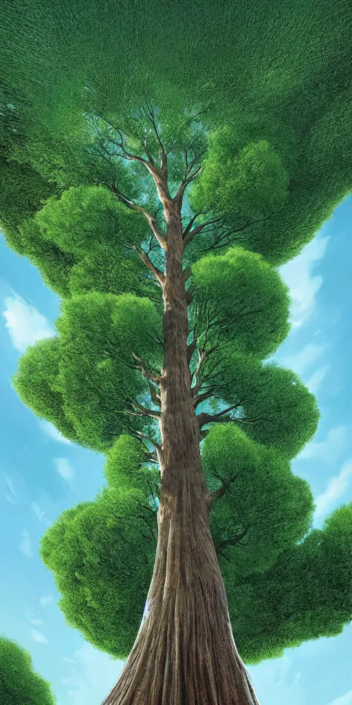 Prompt: an impossibly tall tree with an extremely long trunk and ( single pom - pom shaped canopy ) looming above a modern neighborhood, viewed from below, digital illustration by artgerm and rutkowski and kunstler, surreal, photorealistic