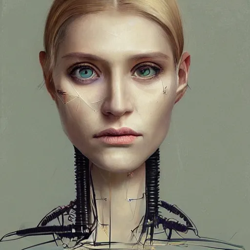 Prompt: surreal portrait of a woman by Greg Rutkowski, symmetrical face, she is about 30 years old, she is about 30 years old, pretty, blond hair with two strans around her face, slavic features, melancholic gaze, pretty aquiline nose, transformed into a kind of biomechanical transhuman goddes, uncany but fascinating, sad but determined look, cosmic void background, frightening, fascinating, highly detailed portrait, digital painting, book cover, artstation, concept art, smooth, sharp foccus ilustration, Artstation HQ