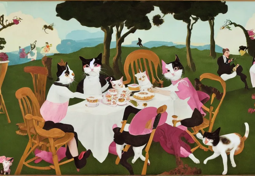 Prompt: calico cat trio enjoying a fancy english tea party, painted by neo rauch