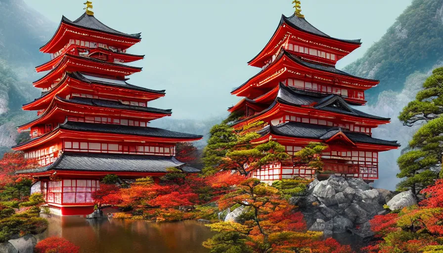 Image similar to Beautiful red and gold Japanese castle built on top of a mountain with waterfall, hyperdetailed, artstation, cgsociety, 8k