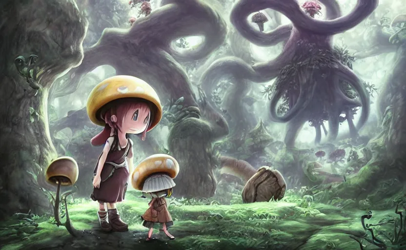 Image similar to cute little girl with an long black wearing an mushroom hat in the dark forest next to a sinister monster, cute, clean detailed art, inspired by made in abyss, detailed background, fantastic world