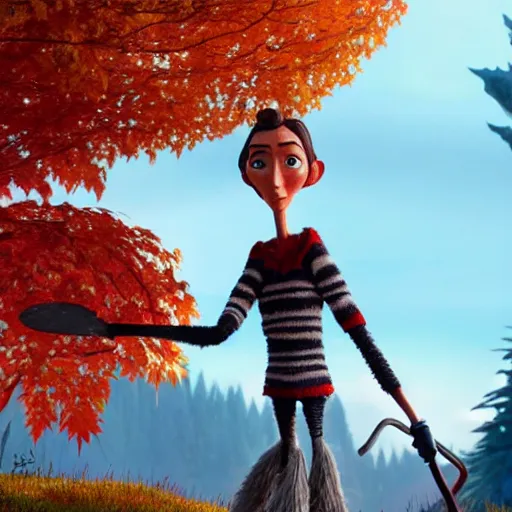 Image similar to a stopmotion animation character, a beautiful canadian woman, gardening, very attractive, some dark grey hair, stripey pants, canadian maple leaves, mountains, autumn, unreal engine 5, 8 k, kubo and the two strings, jan svankmayer, disney, pixar,