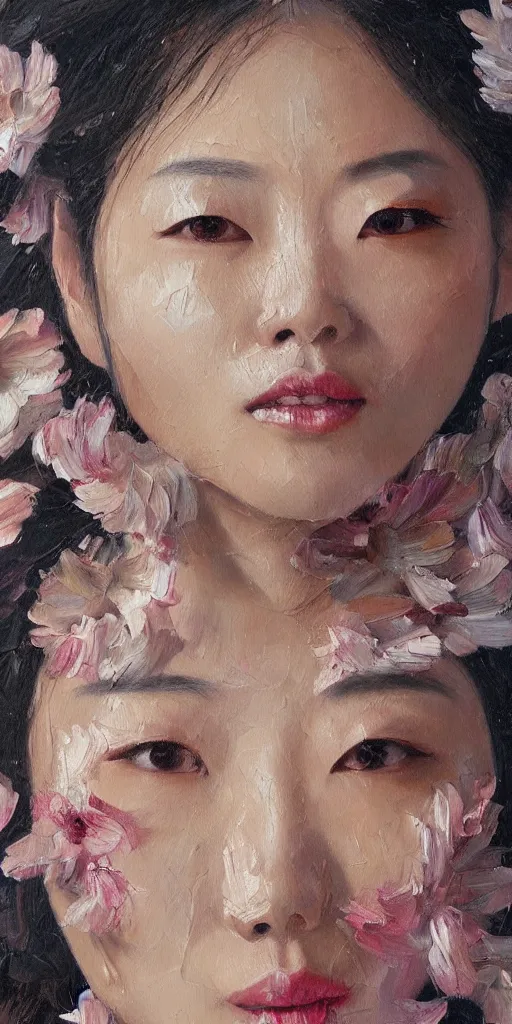 Prompt: beautiful highly detailed and expressive oil painting of a korean woman's face dissolving into petals, masterpiece, dynamic lighting,