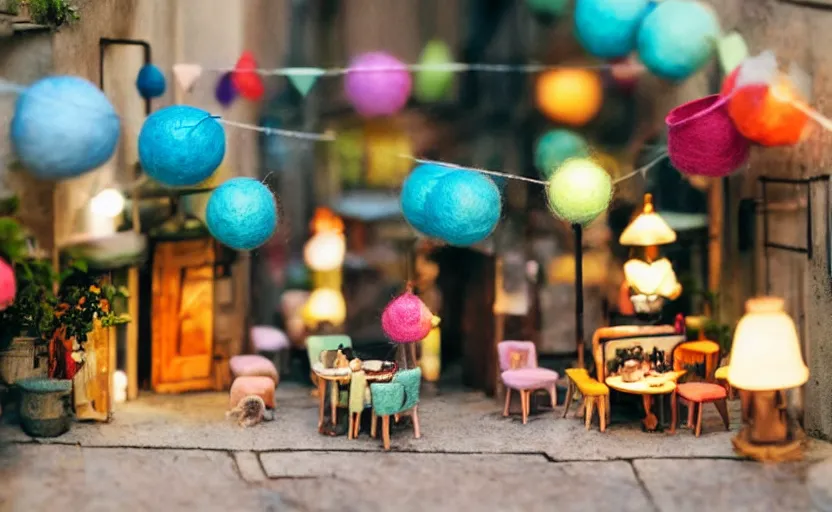 Image similar to mini cafe diorama macro photography, alleyway, cafe for felted animals, ambient, colorful paper lanterns, atmospheric photograph, string lights, romantic