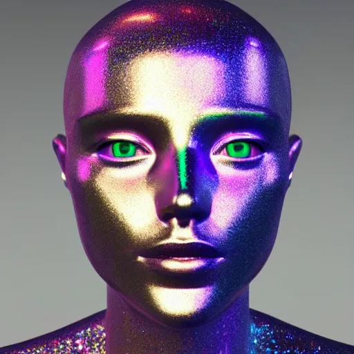 Image similar to 3d render of holographic human robotic head made of glossy iridescent, surrealistic 3d illustration of a human face non-binary, non binary model, 3d model human, cryengine, made of holographic texture, holographic material, holographic rainbow, concept of cyborg and artificial intelligence